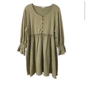 Umgee Babydoll Dress With Ruffled Smocked Long Sleeves Large